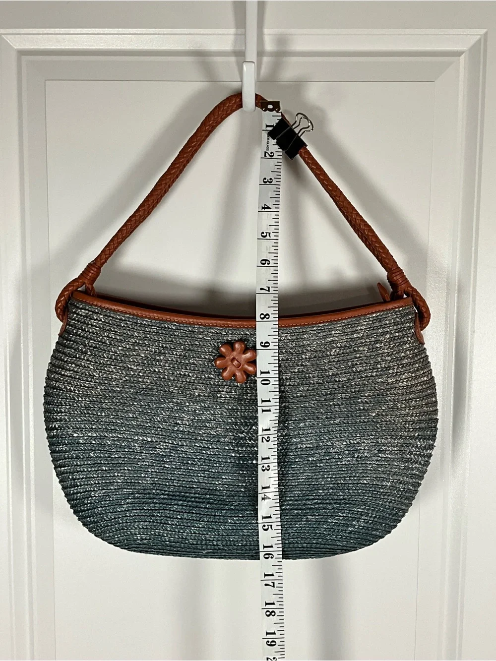 Cole Haan Blue/Gray Woven Straw Raffia Shoulder Bag with Brown Trim